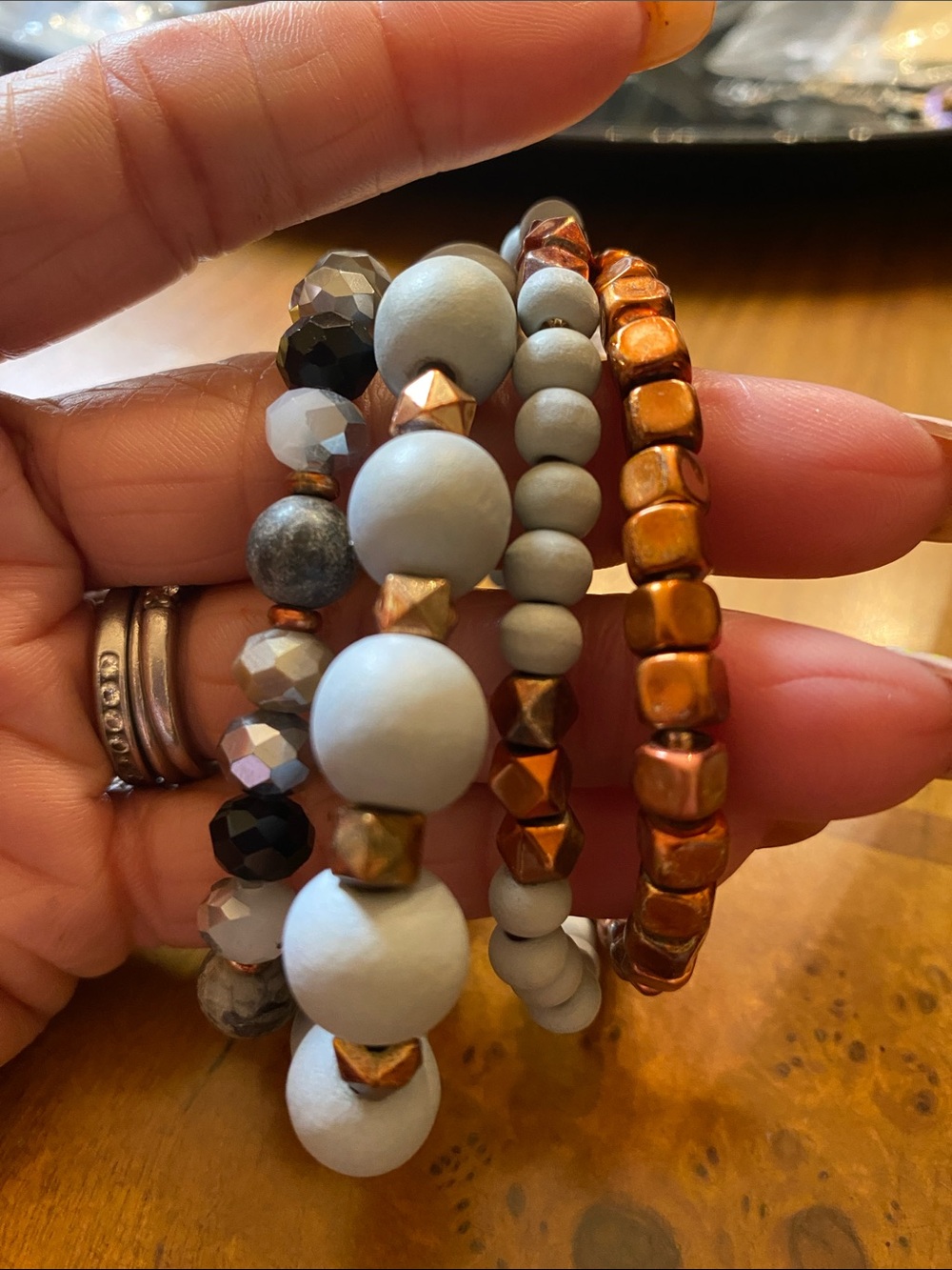 Layered Gray and Copper Beaded Stretch Bracelet Set